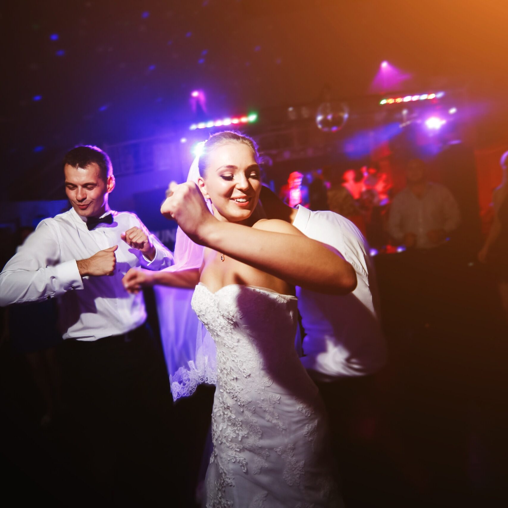 Beautiful wedding dance in soap bubbles, blurred